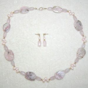 Pink Opal, Pearl & Quartz 14 kt. Gold Necklace Set